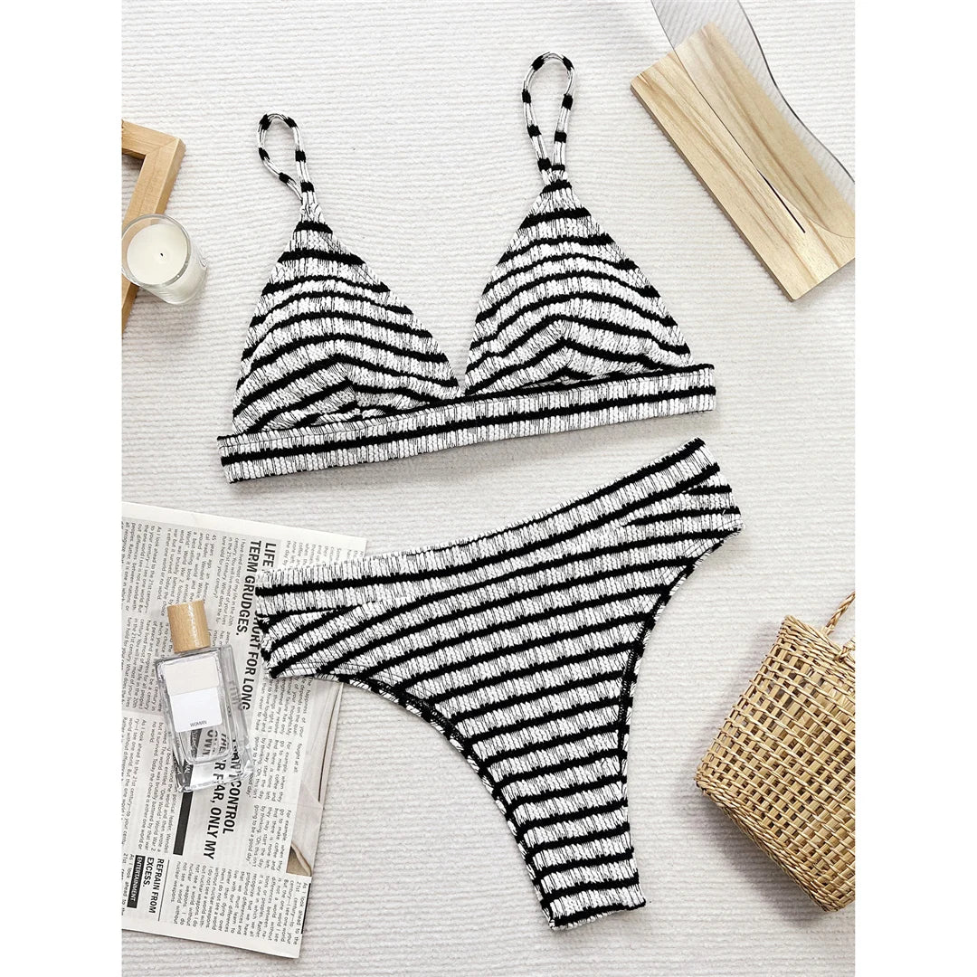Sexy Black White Striped High Waist Bikini Female Swimsuit Women Swimwear Two-Pieces Bikini Set Bather Bathing Suit Swim V5830
