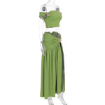 Summer Skirt Set Women Metal Flower Sexy Off Shoulder Slim Crop Top High Slit Skirt Sets Fashion Backless Pleated 2 Piece Suits