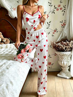 Autumn New Women Pajama Set Heart Print Spaghetti Strap Cami Top and Pants 2 Piece Sleepwear Ladies Home Loungewear