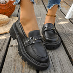 Women Chain Buckle Chunky Lug Sole Loafers, Black Patent & Faux Leather Slip‑On Platform Retro Business Casual Shoes