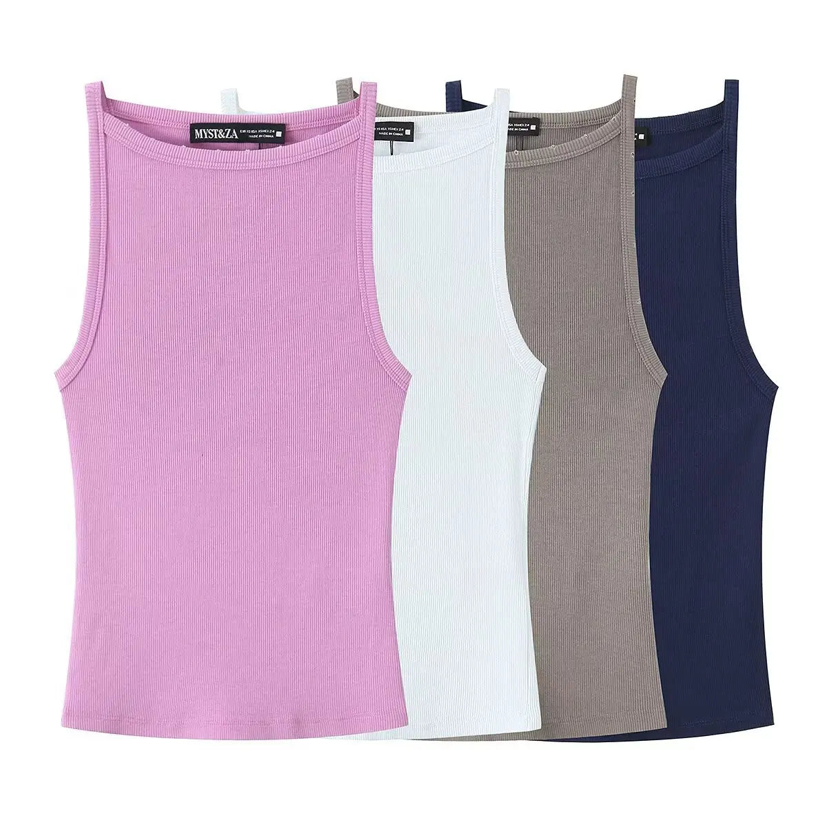 Women's Fashion Halter Neck Top Solid Color Round Neck Women Ribbed Slim Fit Wide Strap Sleeveless Top Casual Basic Tops WCQ7
