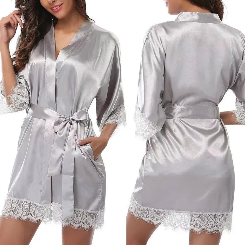 Fabric Women Sleepwear Pajamas High Quality Practical Women Sleepwear Belt Bride Dressing Kimono Lace Ladies Fashion