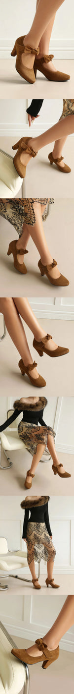 2026 Plus Size 45 Vintage Bowknot Bow Mary Jane Shoes Women 7cm High Heeled Retro Suede Look Brown Lolita Block Heel Pumps