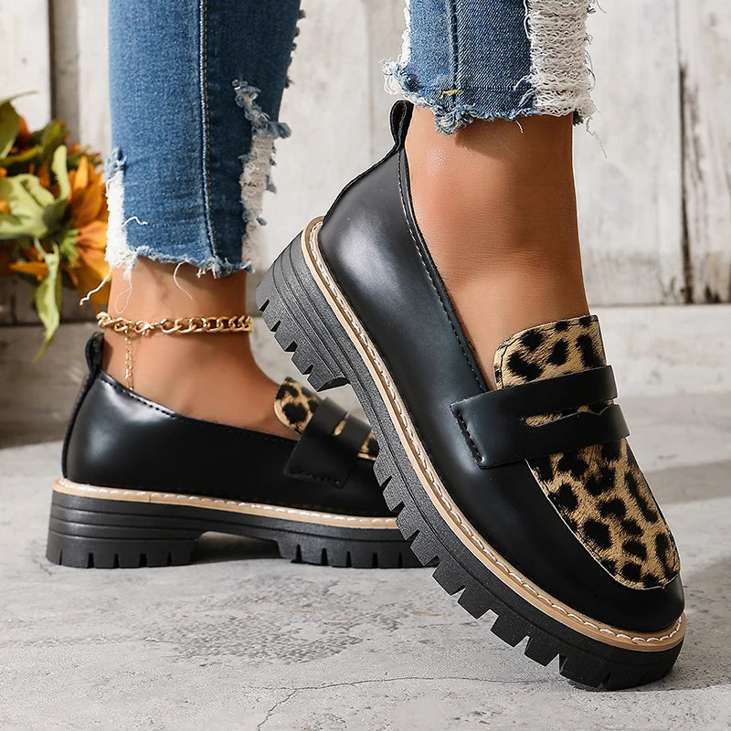 Fashion Leopard Print Platform Loafers Women Plus Size 43 Slip On Pu Leather Shoes Woman Comfort Thick Bottom Office Work Shoes