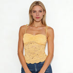 Women's Solid Color Lace Cami Tops Sleeveless Tie Spaghetti Strap Ruched Bust Camisole Summer Vest