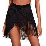 Women's Black Mesh Fringe Sarong Skirts Asymmetric Triangle Cut Swimwear Cover Up Sheer Ruched Tassel Hem Wrap Flowy Beach Skirt