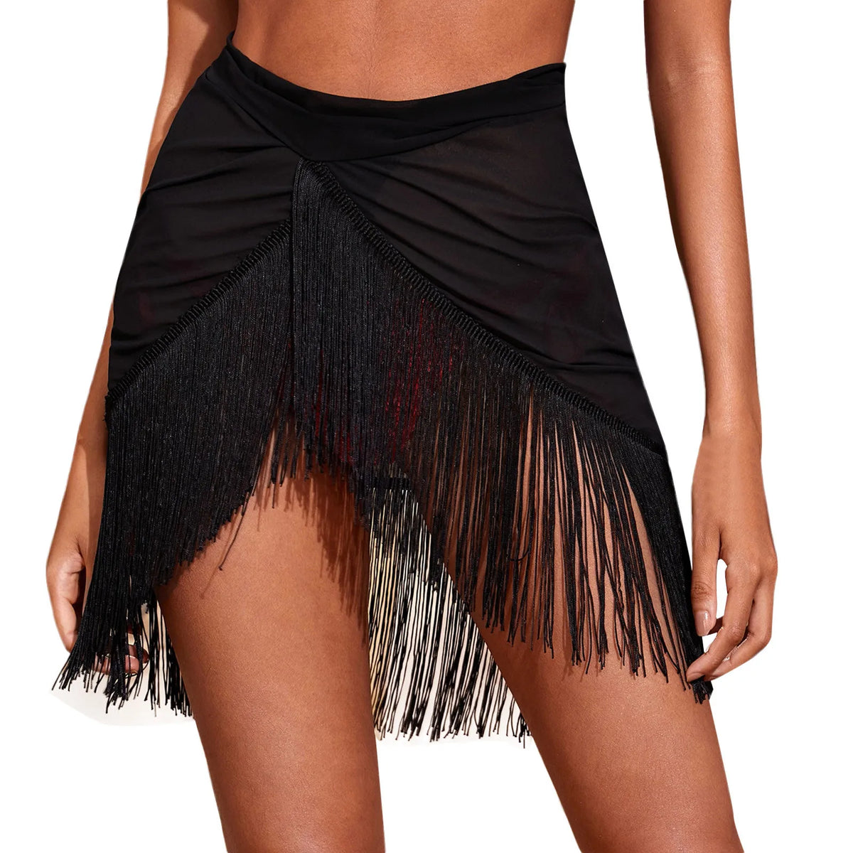 Women's Black Mesh Fringe Sarong Skirts Asymmetric Triangle Cut Swimwear Cover Up Sheer Ruched Tassel Hem Wrap Flowy Beach Skirt