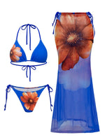 With Mesh Skirt Floral Halter String Bikini Women Swimwear Female Swimsuit Three-pieces Bikini Set Bathing Suit Swim Beachwear