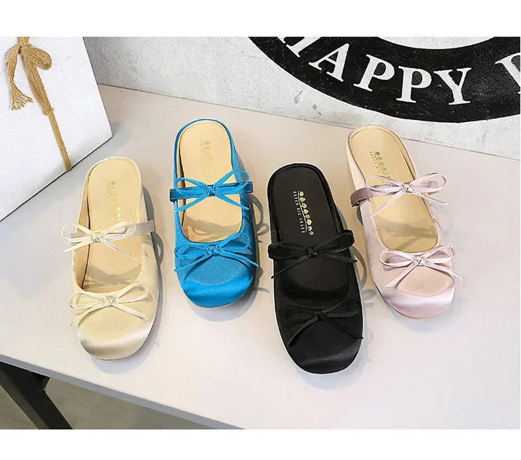 BIGTREE Satin Bow With One Strap With Shallow Mouth Half-Tugging Women's Hollow Inner Heightened Round-Head Sandals Comfortable