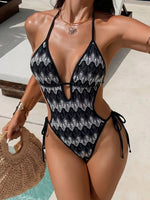 Printed Halter V Neck Female Swimwear One Piece Swimsuit Women Backless Monokini High Leg Cut Bather Bathing Suit Swim Bodysuit