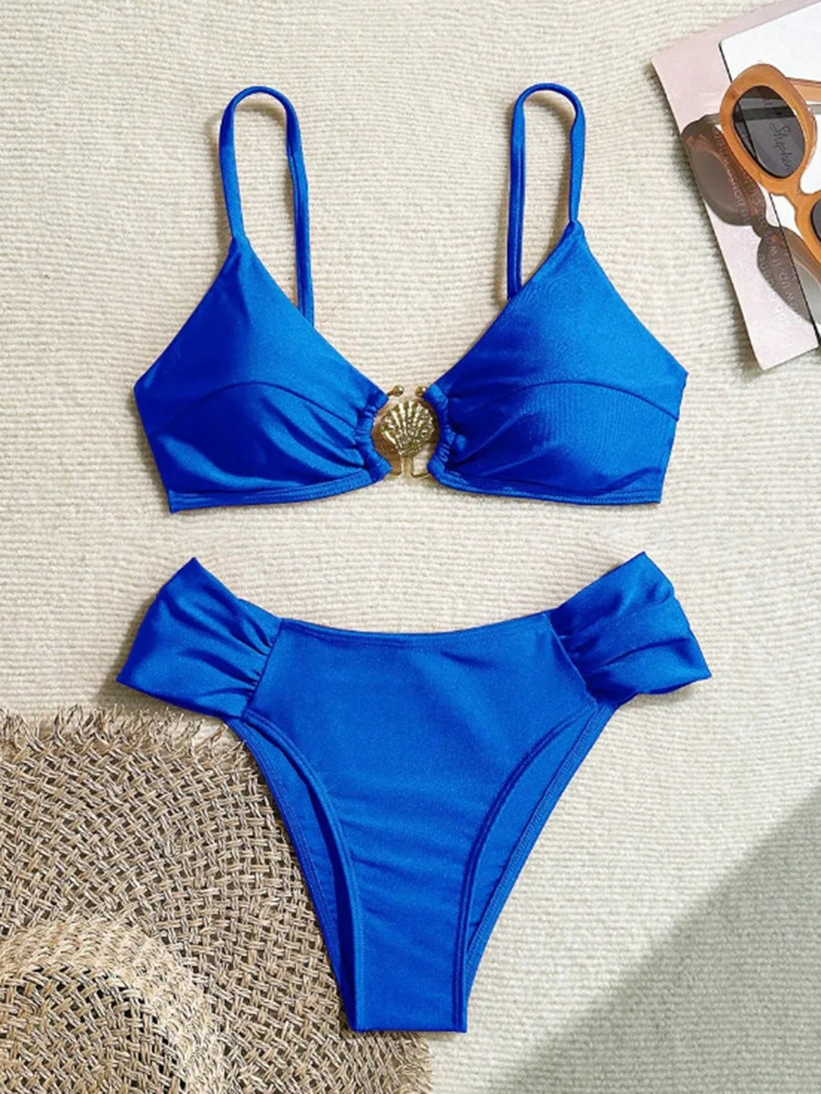 S - XL Metal Shell Halter Female Swimsuit High Waist Bikini Women Swimwear Two-pieces Bikini set Bather Bathing Suit Swim Lady