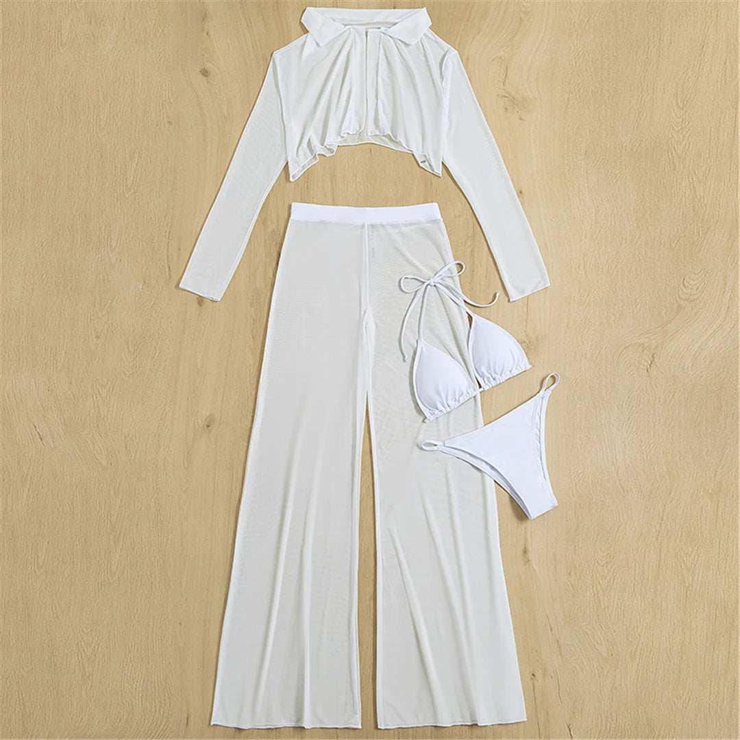 Long Sleeve Pants Halter High Cut Bikini Female Swimsuit Women Swimwear Four-pieces Bikini set Bather Bathing Suit Swim V4860