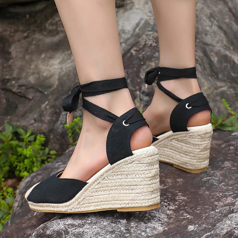 Ankle Lace Up Wedges Sandals Women Summer Closed Toe Espadrille Platform Sandles Woman High Heels Gladiator Sandalias Mujer 43
