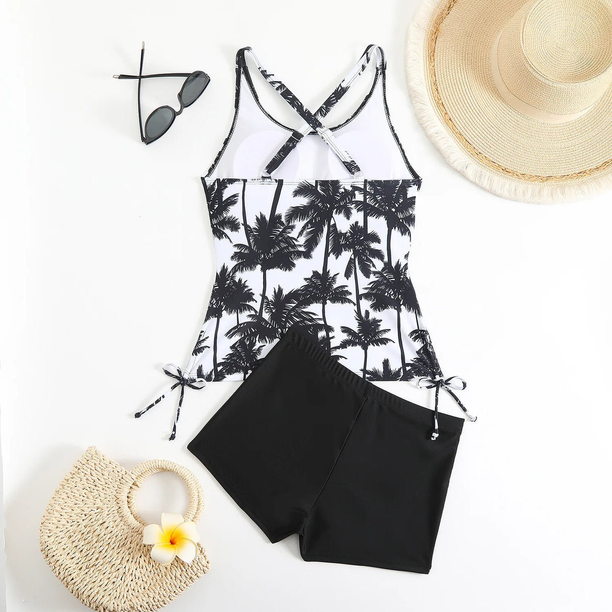 High Waist Swimwear Women 2025 New Two Pieces Swimsuit with Shorts Coconut Palm Print Tankini Set Summer Bathing Suit Trunks