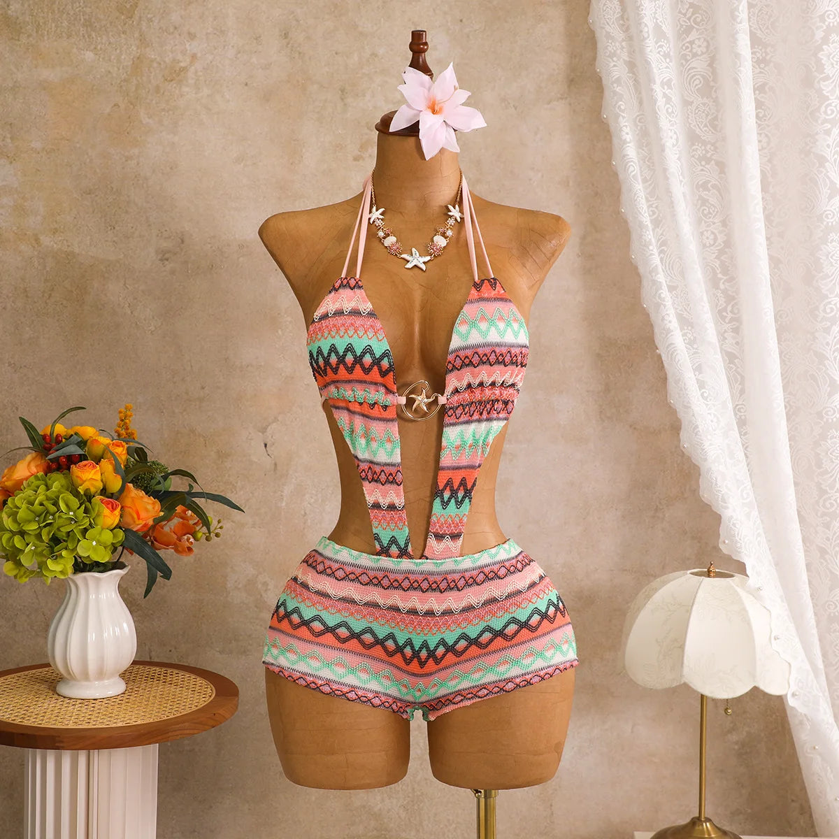 Sexy Hot Pink Knitted Striped Swimsuit 2026 Women Metal Circle Patchwork Hollow Backless Beach Bathing Suit One Piece Swimwear