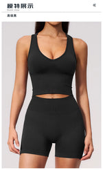 Seamless Gym Yoga Sets Women Breathable I-shaped Shock-absorbing Slim Sports Tank Top High Waist Shorts Training Fitness Suit