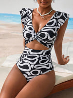 Vintage Sky Blue Striped Swimwear Women 2026 Sexy Ruffle Front Tie Hollow Out Slim Tummy Control Bathing Suit One Piece Swimsuit