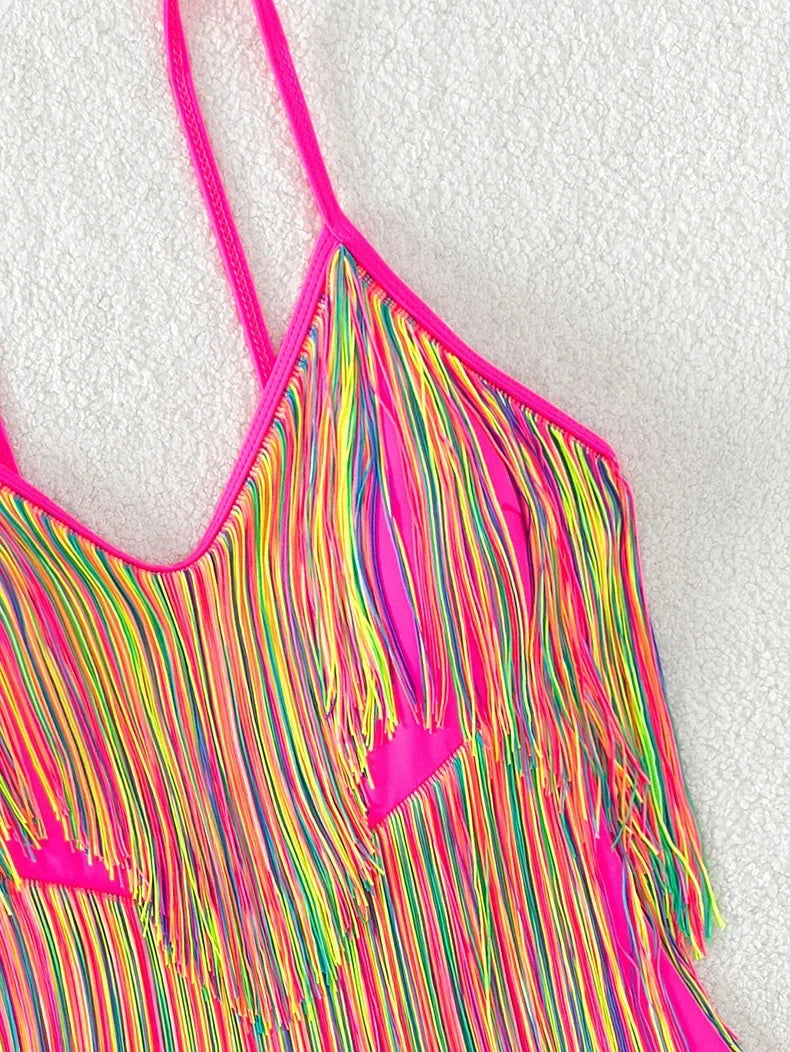 Colorful Tassel One Piece Swimsuit Women Sexy Hot Pink Push Up Tummy Control Swimwear Beach Backless Bathing Suit Monokini 2024