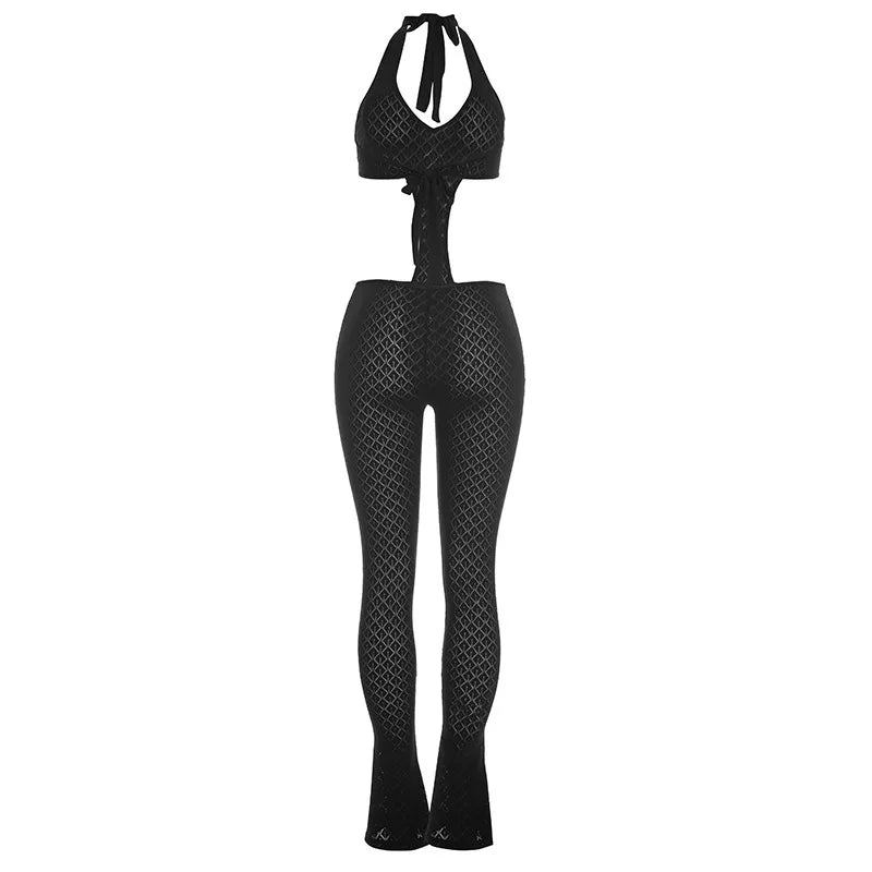 Sexy hot girl solid color see-through slim fit knitted deep V jumpsuit
