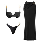3Pcs Push Up Bikini 2026 New Swimsuit Women Sexy Swimwear Female Bandeau Biquini Solid Black Bathingsuit Swimming Suit Beachwear