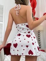 Backless Deep V Neck Nightgown Women White Heart Print Chemise Ribbed Mini Sleepwear Bow Detail Soft Lingerie Dress