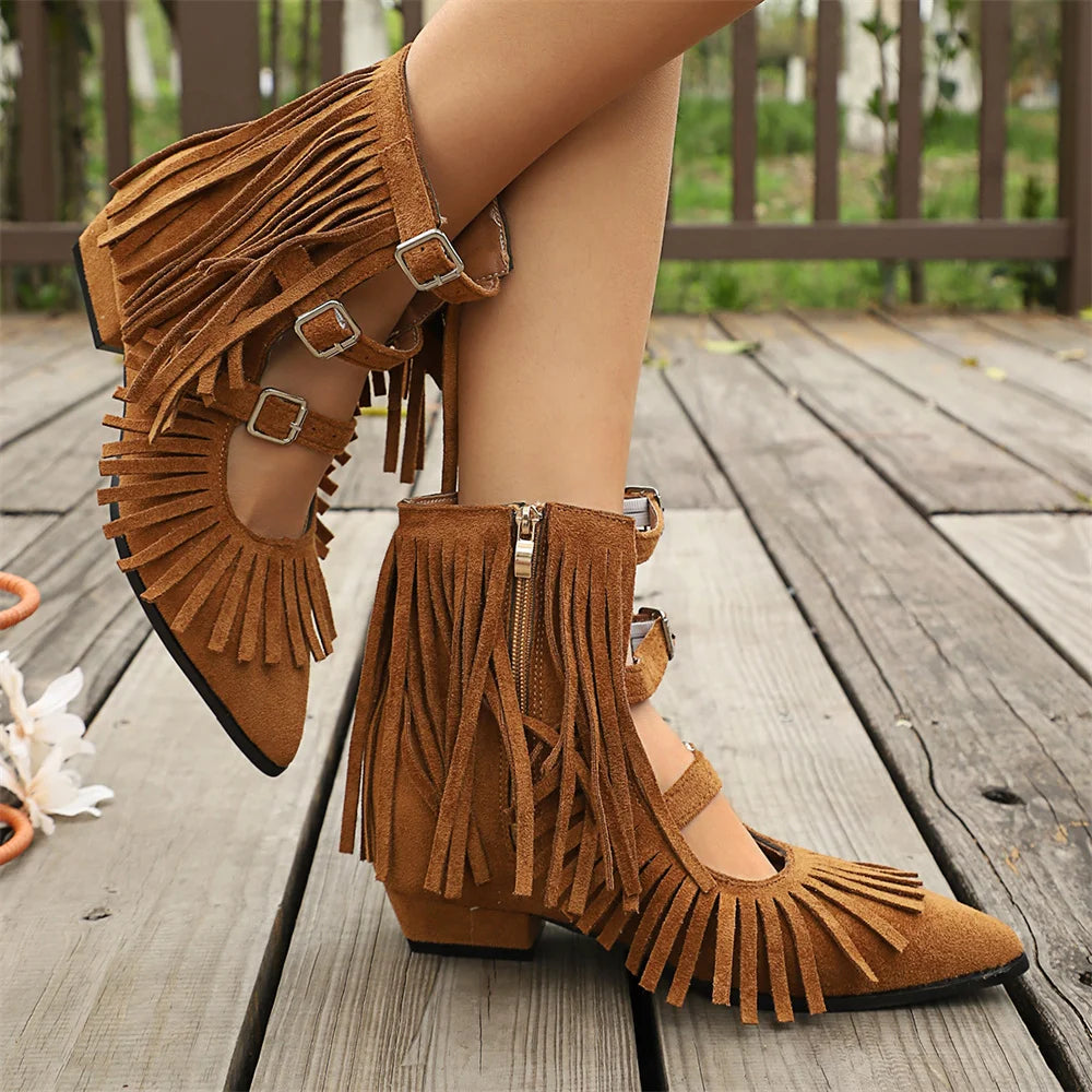 Women's Vintage Fringe Summer Ankle Boots Bohemian Buckle Straps Pointed Toe Ethnic Tassel Hollow Out Western Cowgirls Shoes