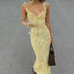 Sexy Elegant Flower Print Slim Long Dresses Women V-neck Low Cut Leace-up Backless Package Hip Bodycon Sleeveless Dress Female