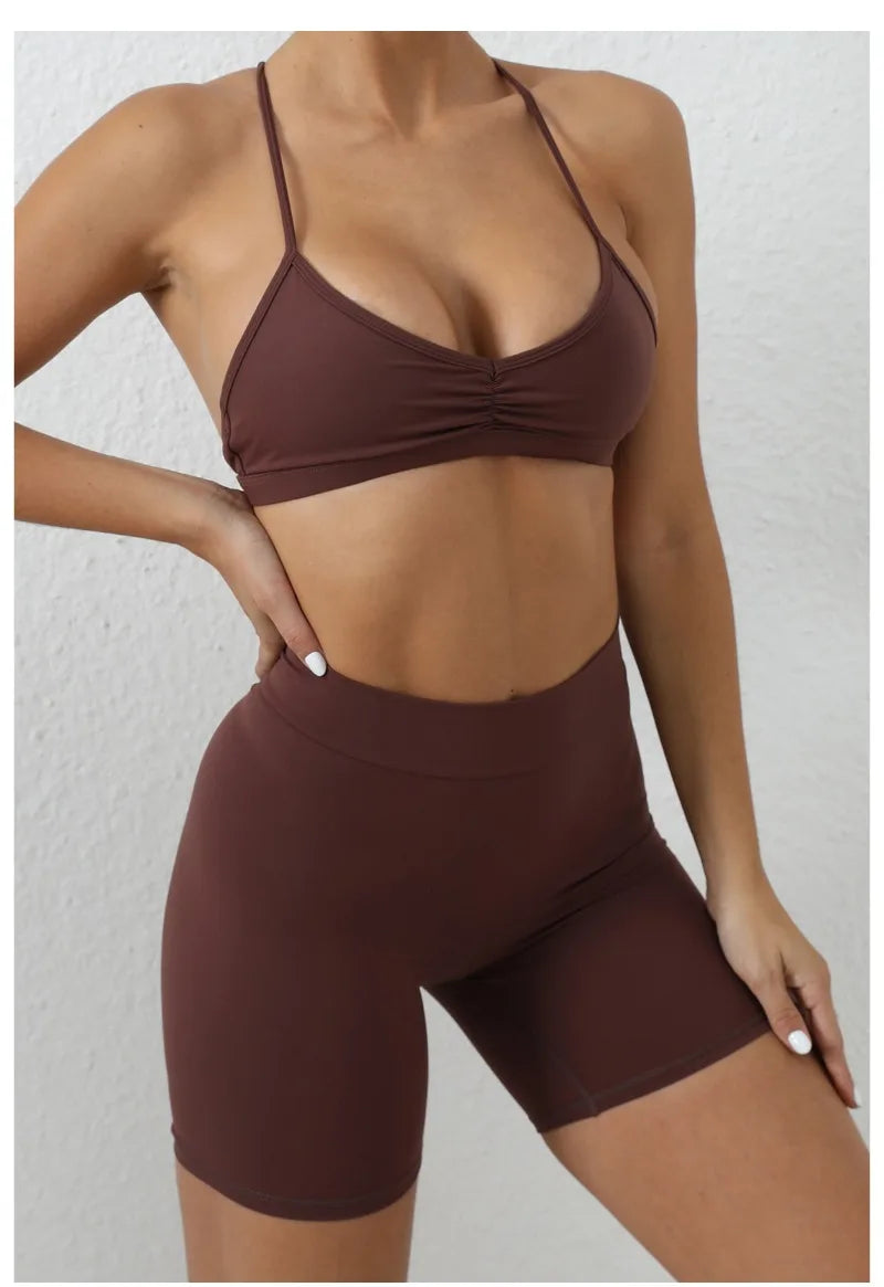 Women's 2-Piece Yoga Sets High Waist Seamless ShortsHip-Lifting & Backless Gym Leggings Quick Dry Workout Fitness Suits