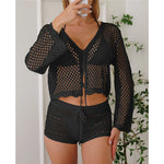 V Neck Long Sleeve Hollow Out Crochet Knitted Tunic Beach Dress Beach Wear Beachwear Beach Cover Up Cover-upsFemale Women V7192