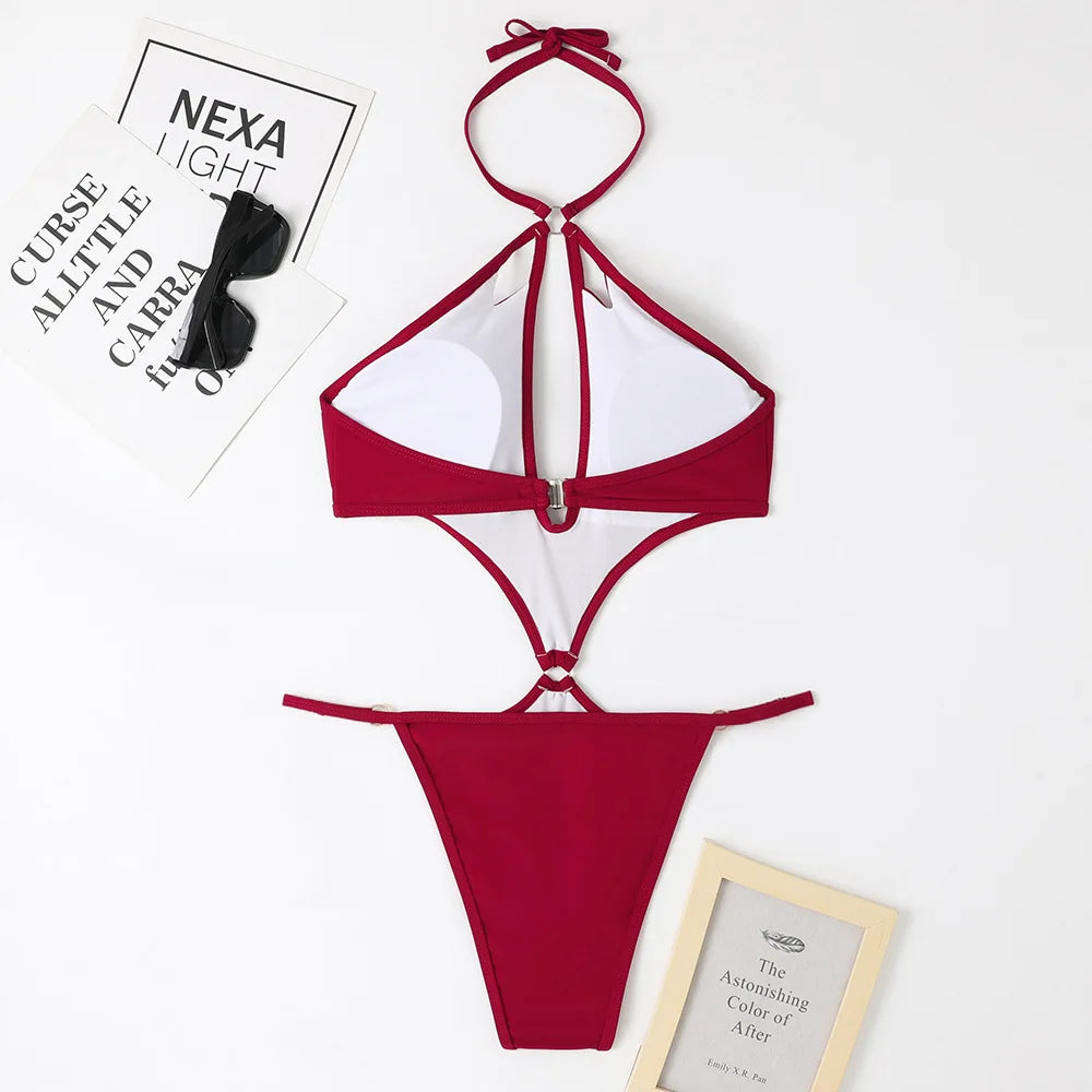 Solid Color One Piece Swimsuit Women 2026 Sexy Hollow Out Pearl Chain Bikini Halter Backless Thong Swimwear Beach Bathing Suit