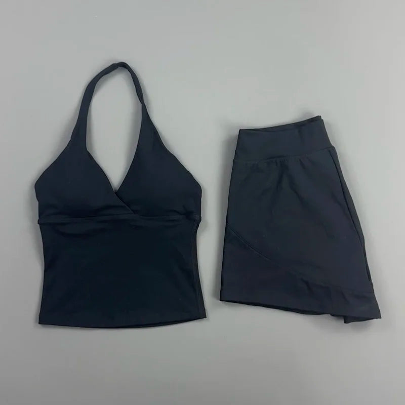 2 Piece Yoga Set Women Halter Deep V Neck Wrap Top Quick‑Dry Athletic Shorts Stretchy Gentle on Skin Suit Gym Workout Sportswear