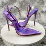 Laser Purple Women Sexy Summer Sandals PVC Pointed Toe Shoes 2023 Newest Slingback Shoes Thin Heels Party Ankle Buckle Ladies