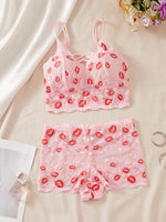 Lips Print Lace Women Sexy Lingerie Set Hollow-out Unlined Camisole Bra Breathable Sheer Women's Underwear Set