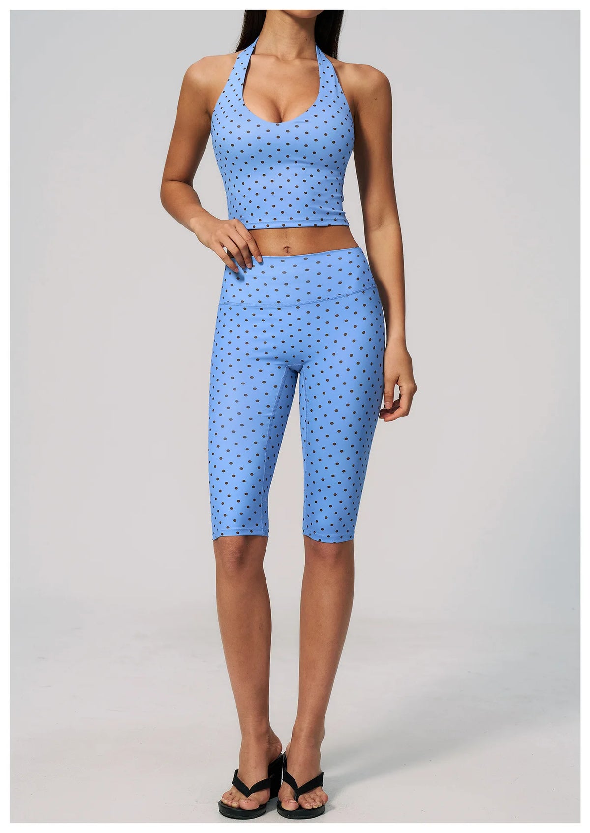 New Summer Women White Polka Dot Print Yoga Sets Hanging Neck Slim Sport Vest High Waist Mid Pants Gym Two-piece Workout Clothes