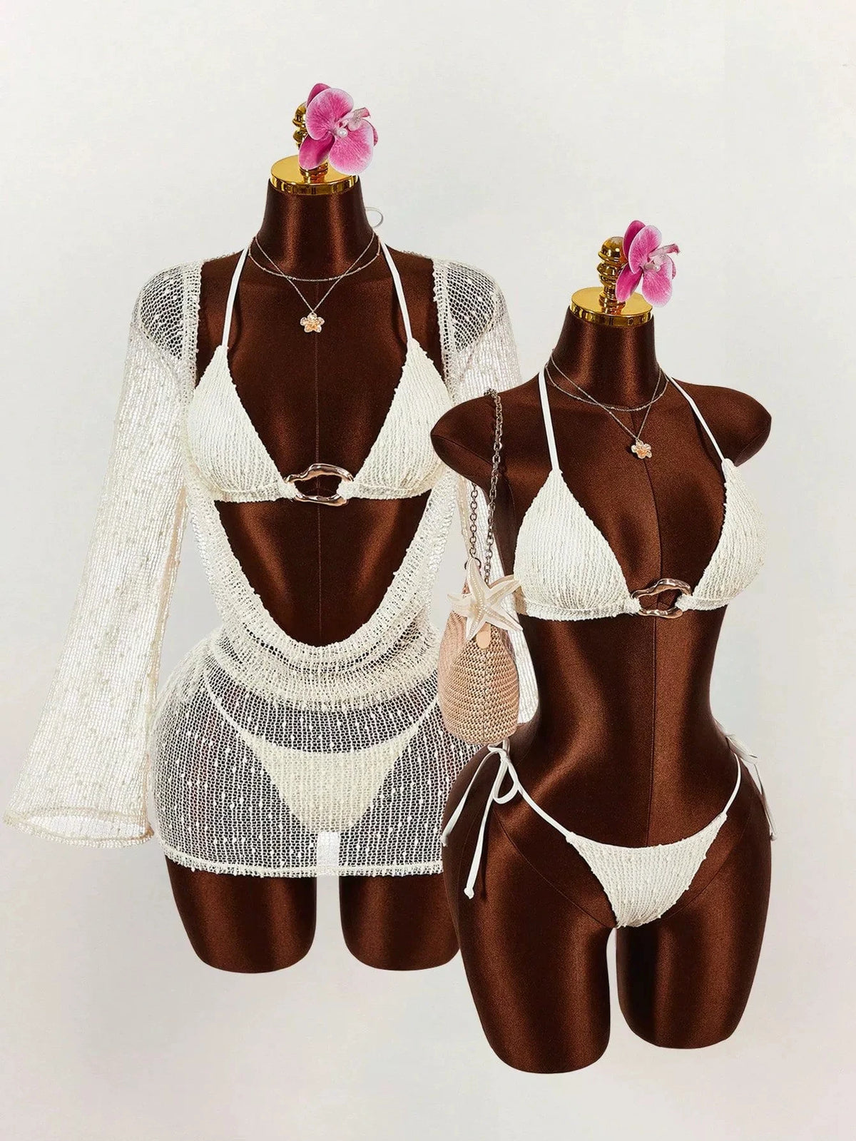 DEKA New Women's Beige Three Piece Long Sleeve Bikini Set Sexy Long Sleeve Cover UpSwimsuit Elegant Beachwear