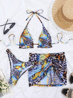 New Blue Gradient Leopard Print Bikini Set Women Drawstring Side Cover Up 3 Piece Swimsuit 2026 Bathing Suit Holiday Swimwear