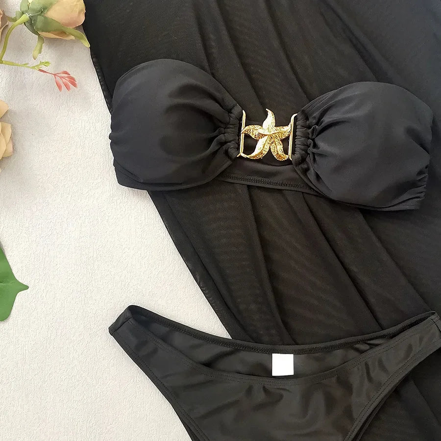 Sexy Meal Starfish Designer Bikinis Sets Women Black Push Up Buckle Mesh Skirt 3 Piece Swimsuit Beach Bathing Suit Swimwear 2025