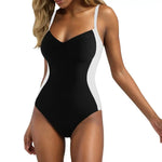 Women One-Piece Swimsuit Padded Gather Bra Lace-up Exposed Back Monokini Patchwork Color Belly-tightening Swimsuit