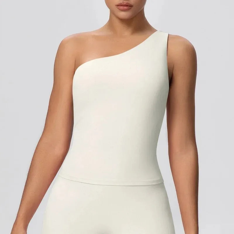 Women Seamless Cloud Feel One-Shoulder Waist-Cinching Yoga Vest Quick-Dry Slimming Sports Shaping Underwear Running Fitness Top