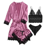 4pcs Women Striped Lingerie Set Lace Trim Robe Camisole Shorts Panties Nightwear Sleepwear Homewear Sexy Pajamas Outfit