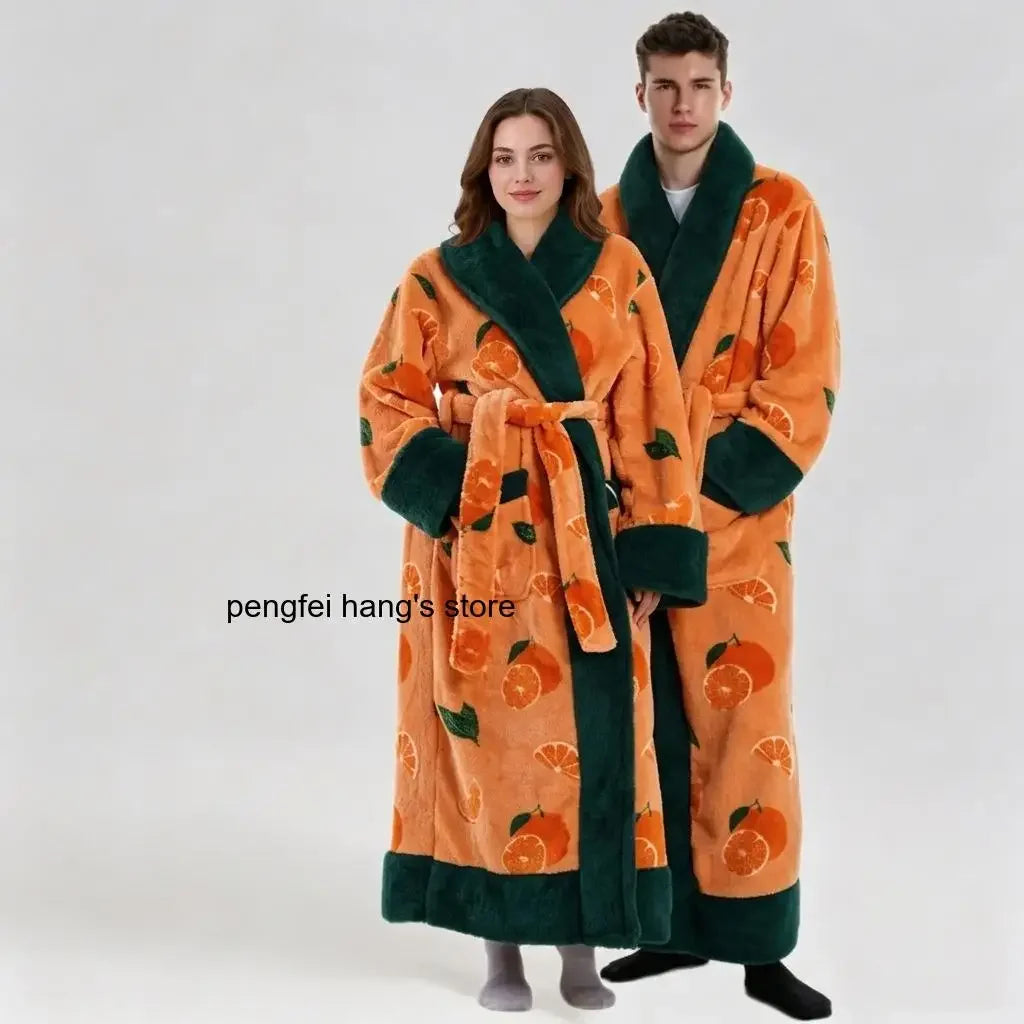 Warm Flannel Long Couples Robe Autumn Winter Color Block Lapel Funny Cartoon Print Bathrobe with Double Pockets Loungewear