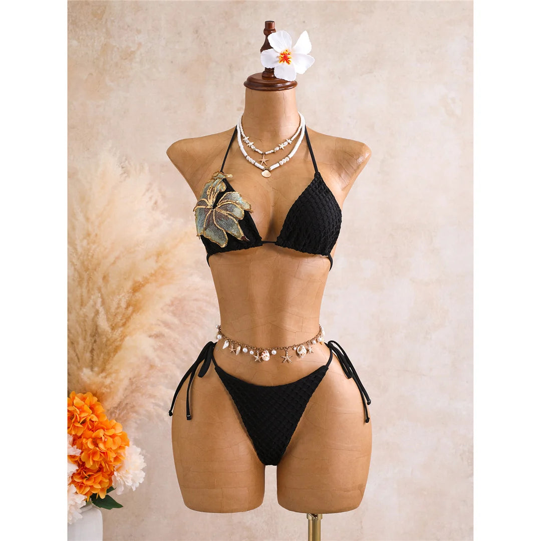 With Skirt 3D Flower Halter Bikini Women Swimwear Female Swimsuit Three-Pieces Bikini Set Padded Bather Bathing Suit SwimV8346