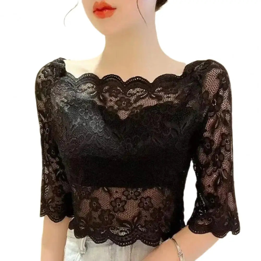Women Summer Cropped Tops See-through Embroidery Lace Top One-word Collar Half Sleeve Blouse Pullover Tops