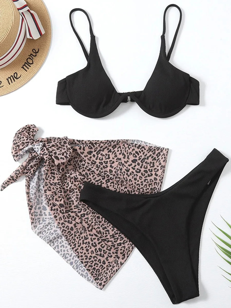 Marble Print V-Bar Underwired Bikini Women Swimsuit Female Swimwear Three-pieces Bikini Set Push Up Bathing Suit Beach Sarong