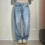 Women's Straight Leg Denim Pants High Waisted Baggy Wide Leg Bling Jeans Casual Sparkly Harem Jeans for Streetwear
