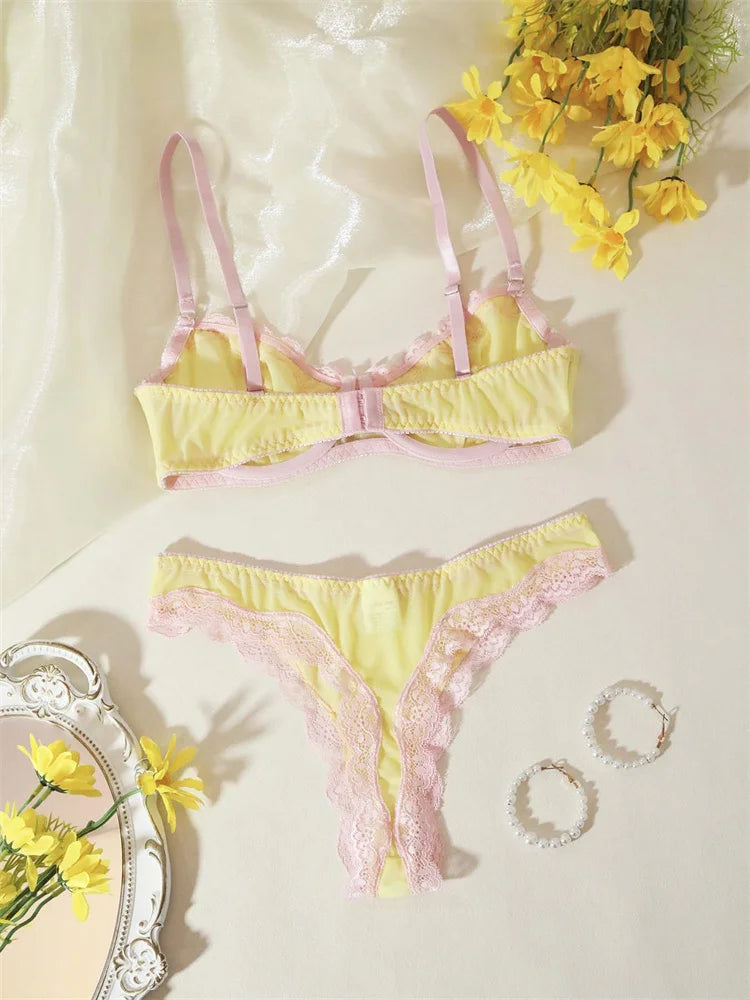 Female Sweet Mesh Lingerie Set Pink Lace Trim Bra and Panty Set Intimate 2 Pieces Women Underwear Cute Bow Sexy Boudoir Lingerie