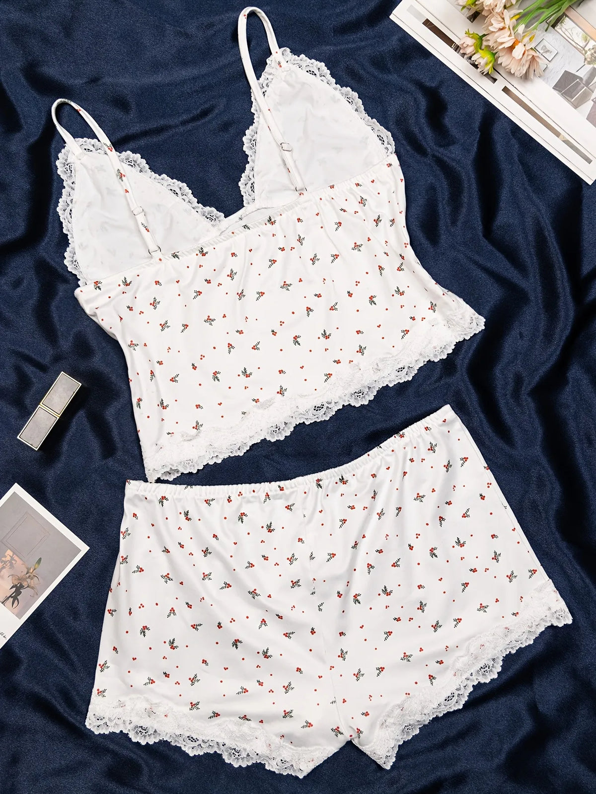 Women Pajama Set 2 Piece Floral Lace Trim Camisole Top and Shorts, V Neck Adjustable Strap Summer Sleepwear