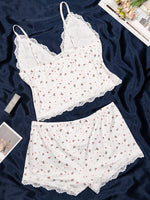 Women Pajama Set 2 Piece Floral Lace Trim Camisole Top and Shorts, V Neck Adjustable Strap Summer Sleepwear