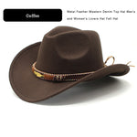 Women Men Wide Brim Floppy Cowboy Hat Western Style Wool Felt Flat Top Cap Classic Vintage Bowler Hat Party