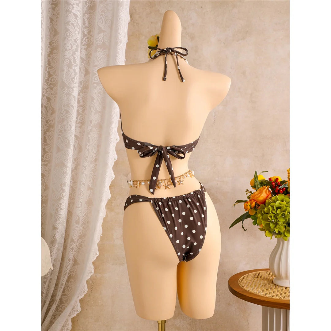 Polka Dots With Skirt Halter Shell Bikini Women Swimwear Female Swimsuit Three-Pieces Bikini Set Bather Bathing Suit Swim V8313